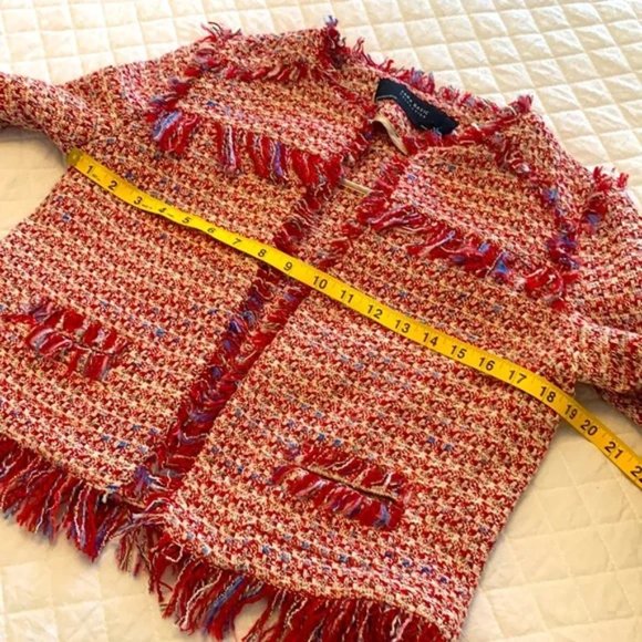 ZARA Boho blazer jacket frayed fringe tweed influencer fave red white sz medium - Picture 4 of 8